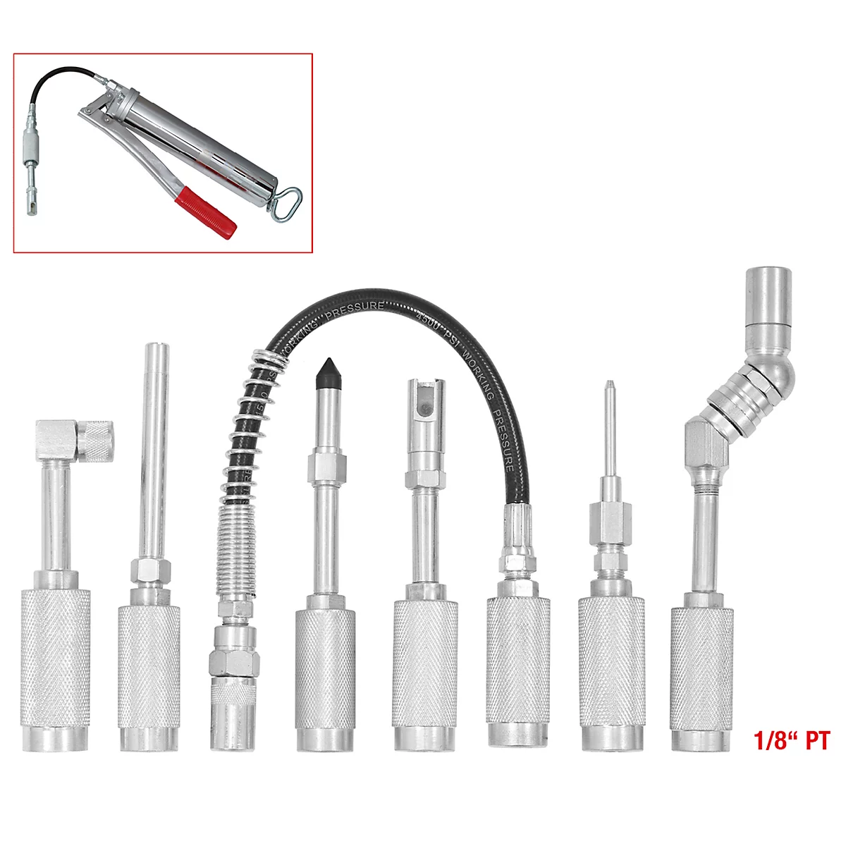 Verschiedene Metallaufsätze für eine Fettpresse, mit einer Fettpresse im Hintergrund.